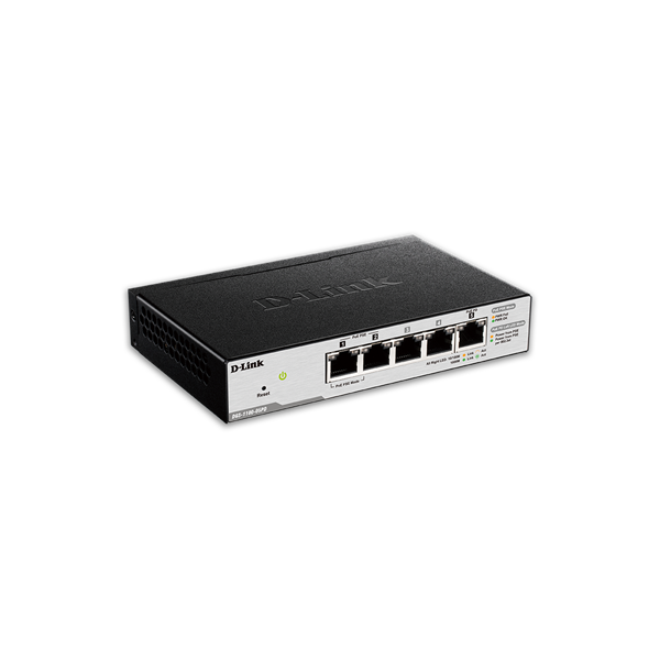 D-Link Switch - DGS-1100-05PD - 5x1000Mbps 2 Port POE 18W POE Buget Desktop Fémházas L2 Fanless Smart Managed