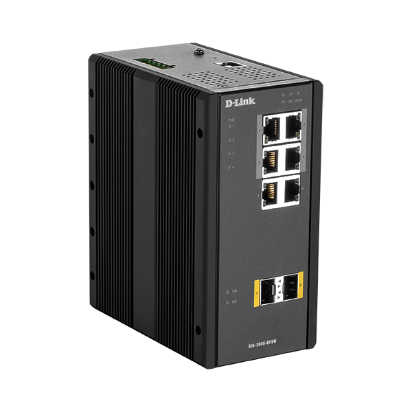 D-Link Ipari Switch 8 Port L2 Managed, 6 x 10/100/1000BaseT(X) ports (4 PoE), 2 x 100/1000BaseSFP ports