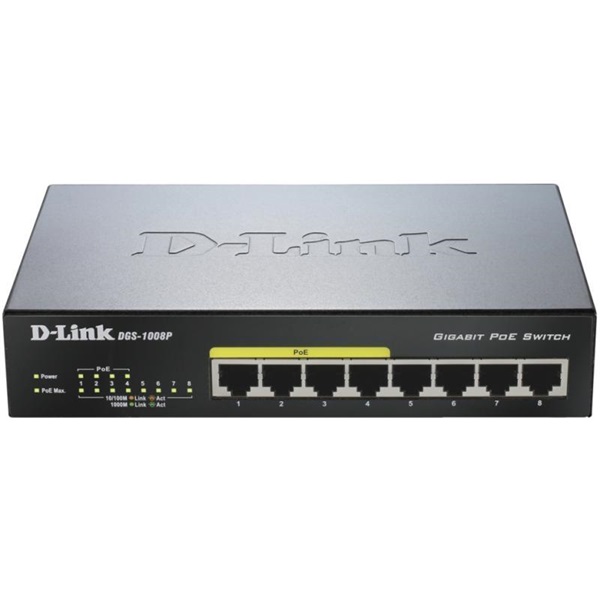 D-Link Switch - DGS-1008P - 8x1000Mbps 4 Port POE 68W POE Budget Desktop Fémházas Fanless Unmanaged