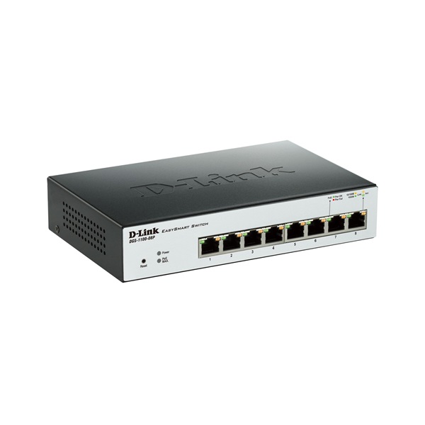 D-Link Switch - DGS-1100-08P - 8x1000Mbps Desktop 64W POE Budget L2 Fémházas Fanless Smart Managed