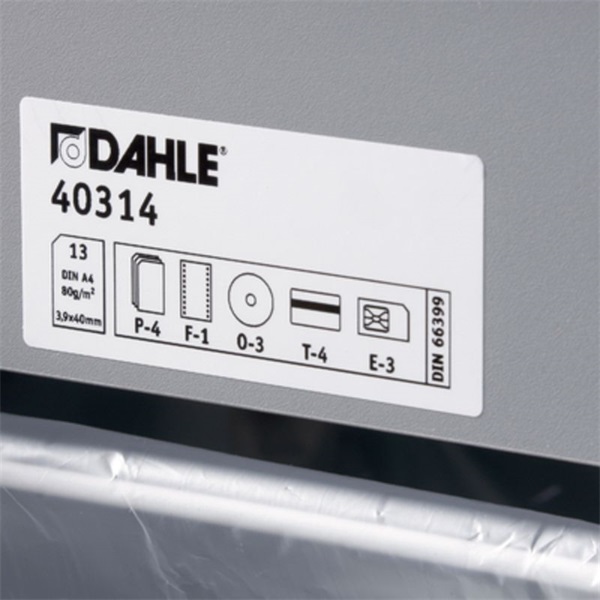 DAHLE Iratmegsemmisítő 40104 BaseCLASS, Kártya/Gémkapocs, 16 lap (70gr), 13 lap (80gr), P-2T-2|E-2|, 6m/min, 30 liter