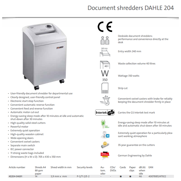 DAHLE Iratmegsemmisítő 40204 BaseCLASS, Kártya/Gémkapocs, 17 lap (70gr), 14 lap (80gr), P-2T-2|E-2|, 6m/min, 40 liter