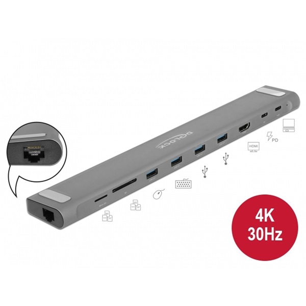 DELOCK USB Type-C docking station Slim 4K HDMI, USB 3.0, LAN, SD kártyaolvasó, PD 3.0