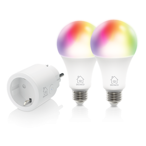 DELTACO SMART HOME SH-KIT01 kezdő okos csomag 2 db LE27RGB színes izzó + SH-P01 okos dugalj 10A, időkapcsoló