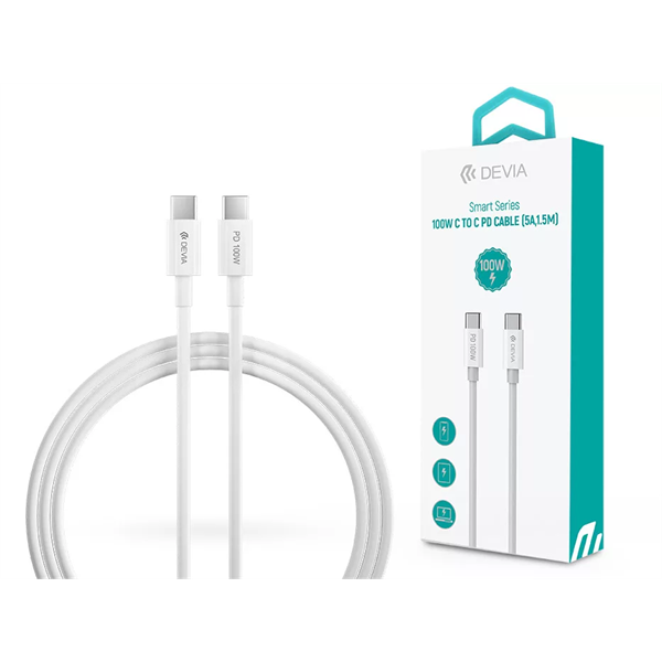 DEVIA USB TYPE-C - USB TYPE-C ADAT- ÉS TÖLTŐKÁBEL 1,5 M-ES VEZETÉKKEL - SMART SERIES 100W C TO C PD CABLE - 100W - FEHÉR