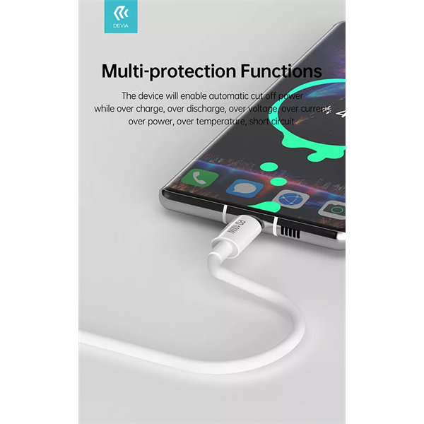 DEVIA USB TYPE-C - USB TYPE-C ADAT- ÉS TÖLTŐKÁBEL 1,5 M-ES VEZETÉKKEL - SMART SERIES 100W C TO C PD CABLE - 100W - FEHÉR