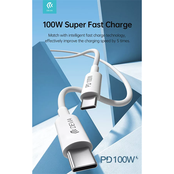 DEVIA USB TYPE-C - USB TYPE-C ADAT- ÉS TÖLTŐKÁBEL 1,5 M-ES VEZETÉKKEL - SMART SERIES 100W C TO C PD CABLE - 100W - FEHÉR