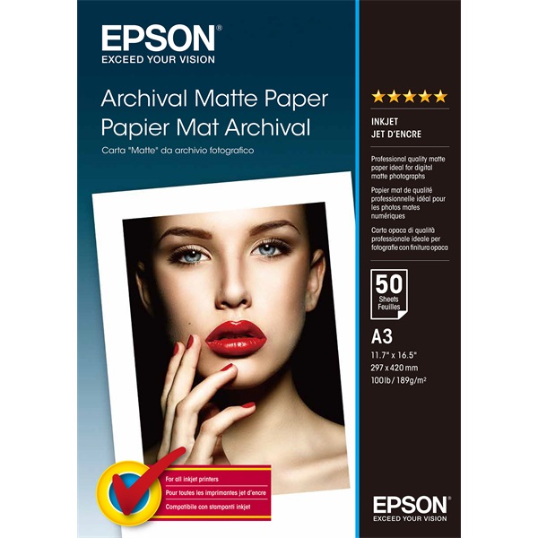 EPSON Fotópapír, Archival Matte Paper, DIN A3 (297 mm x 420 mm), 189g/m2, 50 Lap