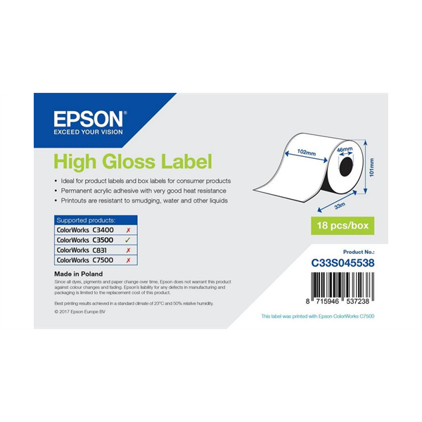 EPSON High Gloss Label Cont.R, 102mm x 33m
