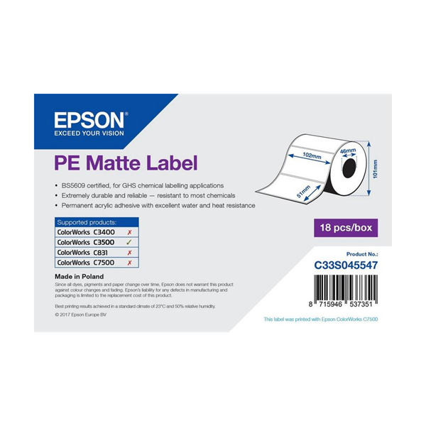 EPSON PE Matte Label 102 x 51mm, 535 lab