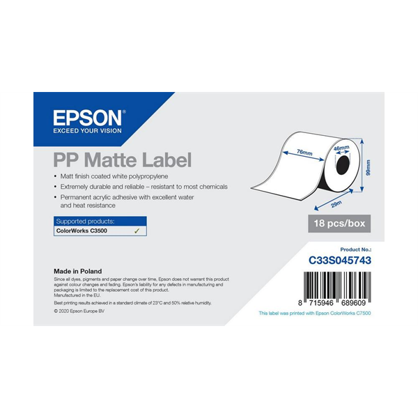 EPSON PP Matte Label - Continuous Roll: 76mm x 29m