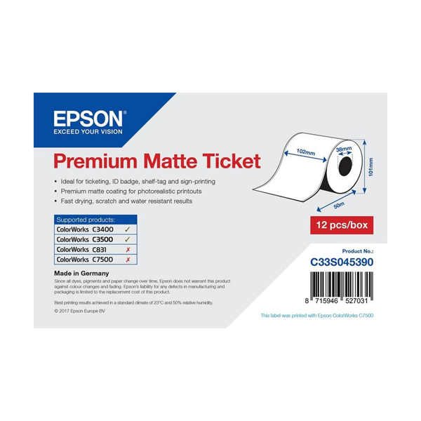 EPSON Premium Matte Ticket Roll, 102mm x 50m