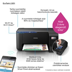 EPSON Tintasugaras nyomtató - EcoTank L3251 (A4, MFP, színes, 5760x1440 DPI, 33 lap/perc, USB/Wifi/Wifi direct)