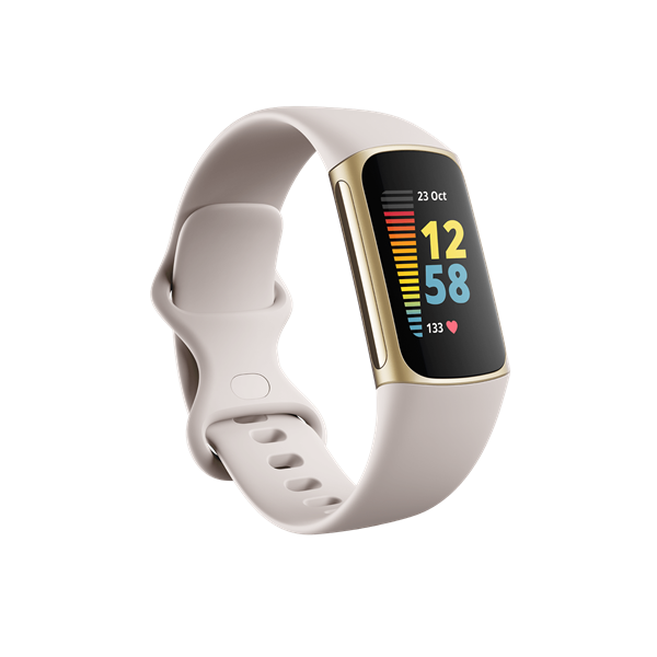 FITBIT Charge 5 Aktivitásmérő fitnesz karkötő (Lunar White / Soft Gold Stainless Steel)