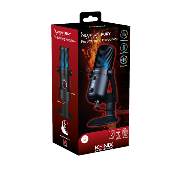 KONIX - DRAKKAR PC Fury Pro Asztali Streaming Mikrofon USB-s Tripod Állványnal, Fekete