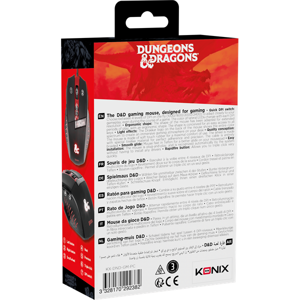 KONIX - DUNGEONS & DRAGONS Egér Vezetékes Gaming 2500DPI, Fekete-Piros