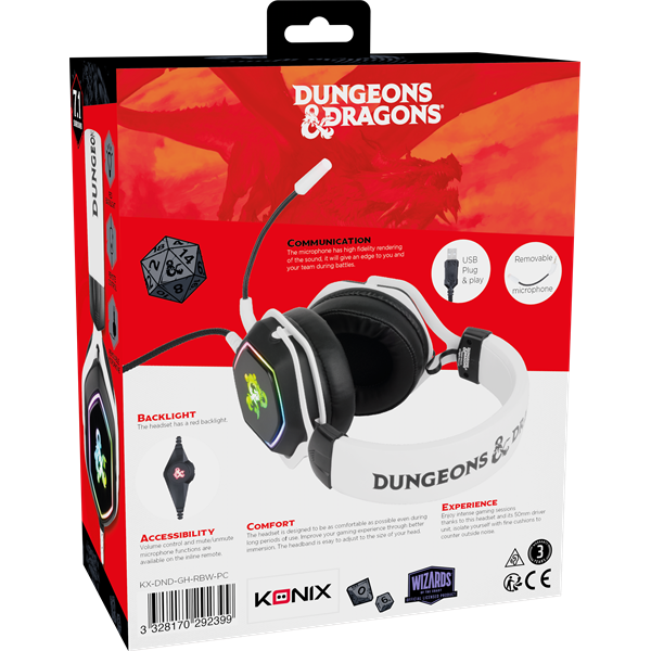 KONIX - DUNGEONS & DRAGONS "Rainbow" 7.1 Fejhallgató Vezetékes Gaming Stereo Mikrofon, Fehér-Fekete