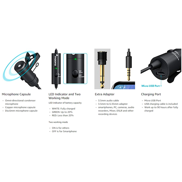 MAONO Tölthető Mikroport AU-100R, Rechargeable Omnidirectional Lapel Microphone