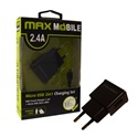 MAX MOBILE Hálózati Töltő Micro USB kábel, 2,4 A, Fekete