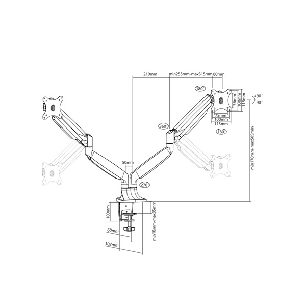 MULTIBRACKETS 2 karos asztali konzol, M Deskmount Gas Spring Dual Black (15-30", max.VESA: 100x100 mm, 9 kg)
