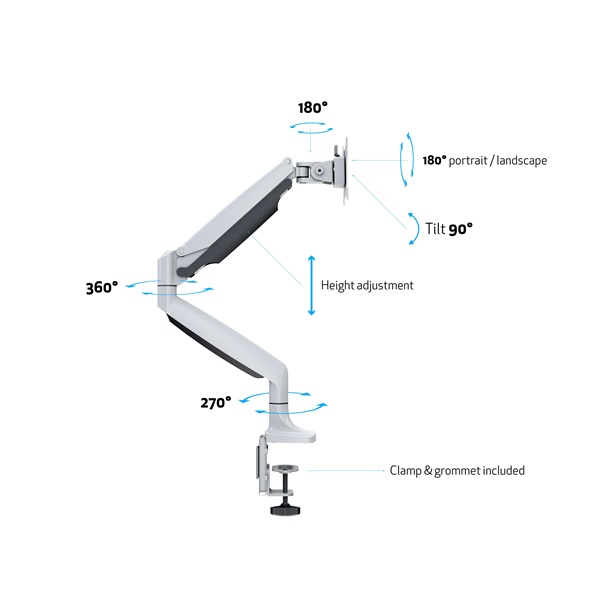 MULTIBRACKETS Asztali konzol, M Deskmount Gas Spring Single White (15-30", max.VESA: 100x100 mm, 9 kg)