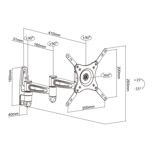 MULTIBRACKETS Fali konzol, M VESA Flexarm 360 III White 75 100 200 (15-32", max.VESA: 200x200 mm, 15 kg)