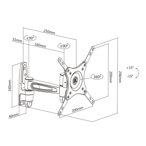 MULTIBRACKETS Fali konzol, M VESA Flexarm 360 II Black 75 100 200 (15-32", max.VESA: 200x200 mm, 15 kg)