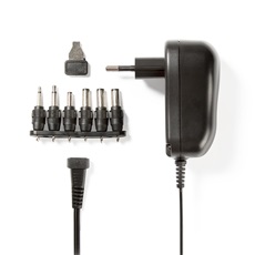 NEDIS ACPA001 univerzális hálózati adapter, állítható 3V-12V DC 1A, 1,8m, 6 cserélhető adapter fej, 12W, fekete