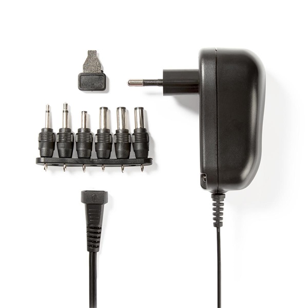 NEDIS ACPA001 univerzális hálózati adapter, állítható 3V-12V DC 1A, 1,8m, 6 cserélhető adapter fej, 12W, fekete