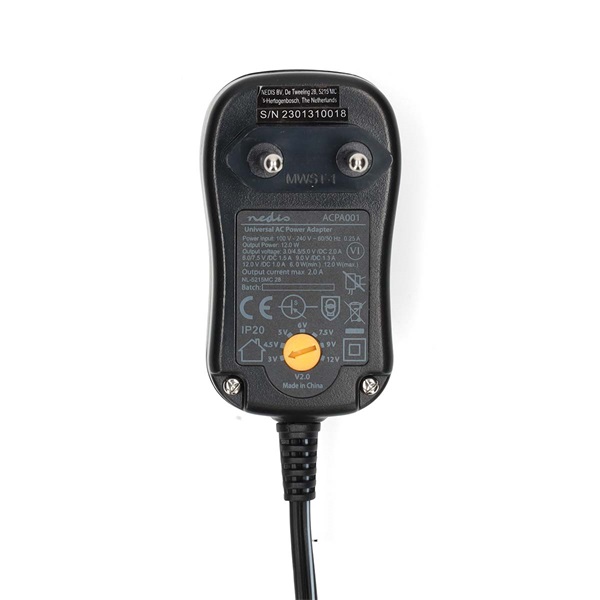 NEDIS ACPA001 univerzális hálózati adapter, állítható 3V-12V DC 1A, 1,8m, 6 cserélhető adapter fej, 12W, fekete
