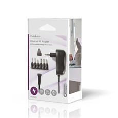 NEDIS ACPA001 univerzális hálózati adapter, állítható 3V-12V DC 1A, 1,8m, 6 cserélhető adapter fej, 12W, fekete