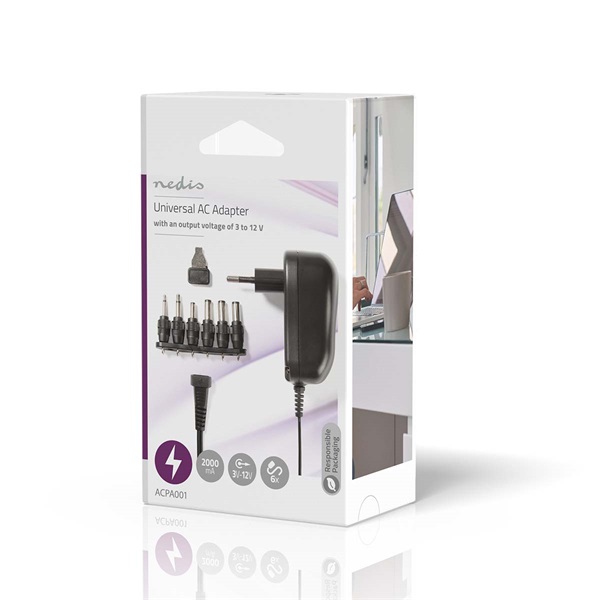 NEDIS ACPA001 univerzális hálózati adapter, állítható 3V-12V DC 1A, 1,8m, 6 cserélhető adapter fej, 12W, fekete