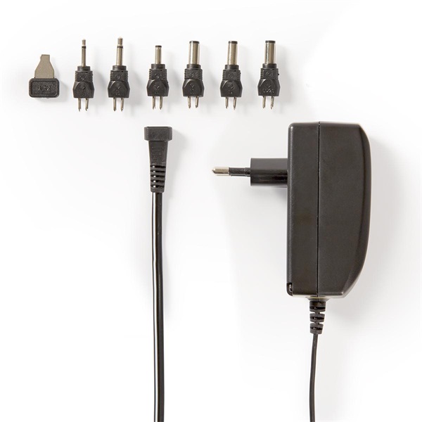 NEDIS ACPA003 univerzális hálózati adapter, állítható 9V-24V, 1,8m, 24W, 6 cserélhető adapter fej, fekete