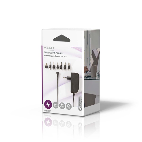 NEDIS ACPA003 univerzális hálózati adapter, állítható 9V-24V, 1,8m, 24W, 6 cserélhető adapter fej, fekete