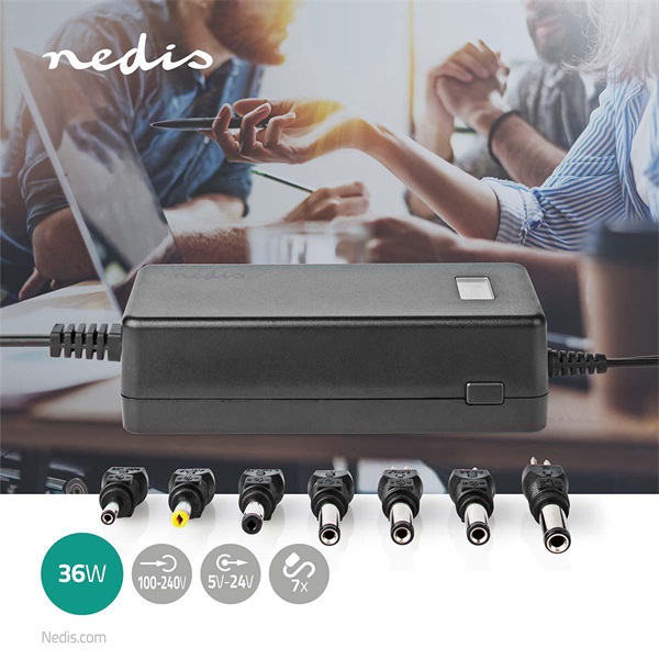 Nedis ACPA105 univerzális AC-DC tápegység, 5V-24V, 36W, 7 cserélhető táp dugó