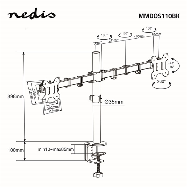 NEDIS MMDOS110BK 15"-32" asztali 2 monitor tartóállvány, maximum 8 kg, forgatható dönthető, acél, fekete