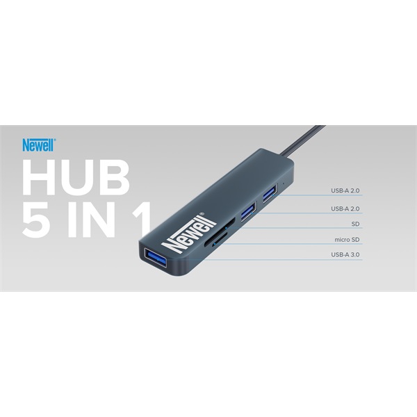 NEWELL HUN 5 in 1 USB-C univerzális elosztó, 2 db USB 2.0 + 1 db UDB 3.0 + SD + micro kártya olvasó, plug / play
