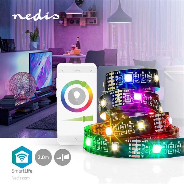 Nedis BTLS20RGBW RGB/meleg fehér Bluetooth LED szalag, IP20, 2m, 2700 K, 380 lm, Android™ / IOS, TV háttérvilágítás