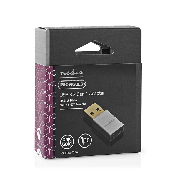 Nedis CCTB60925AL USB-A adapter, USB 3.2 Gen 1, USB-A férfi, USB-C™ anya, 5 Gbps,  kerek,  Nikkelezett, Ezüst