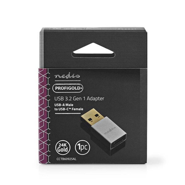 Nedis CCTB60925AL USB-A adapter, USB 3.2 Gen 1, USB-A férfi, USB-C™ anya, 5 Gbps,  kerek,  Nikkelezett, Ezüst