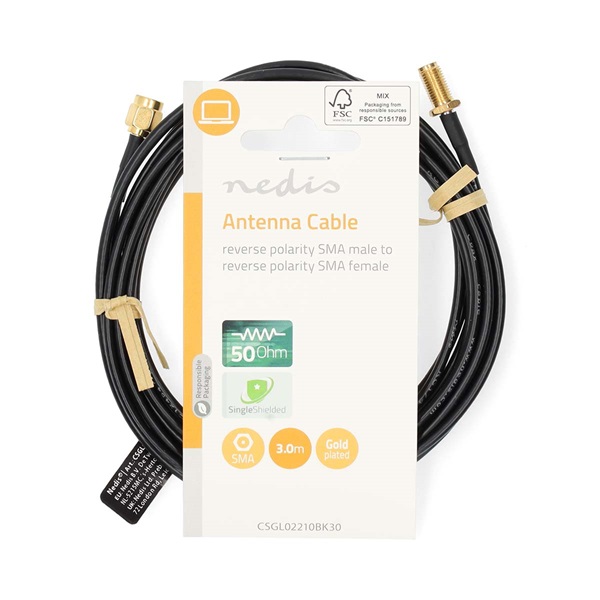 Nedis CSGL02210BK30 SMA kábel, RP SMA férfi, RP SMA női, Aranyozott, 50 Ohm, Egyetlen árnyékolt, 3,00 m, kerek