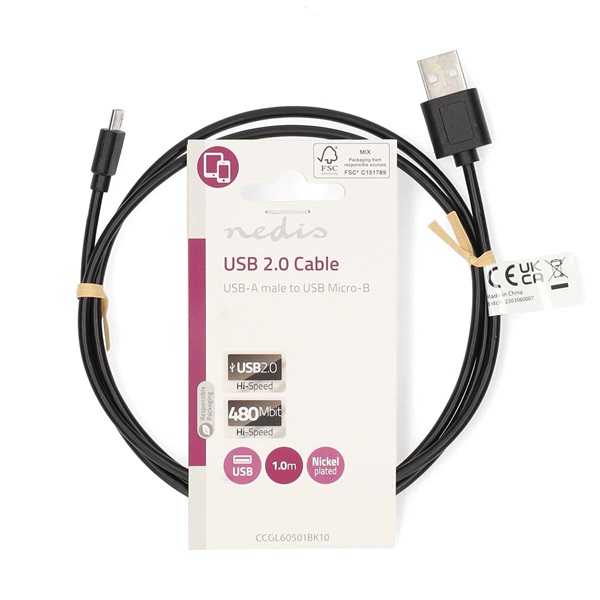 Nedis CCGL60501BK10 USB micro B (micro USB)kábel, USB 2.0  USB-A dugó  USB Micro-B dugó  7,5 W 480 Mbps. 1m
