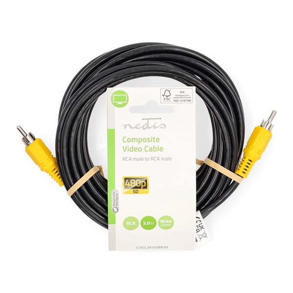 Nedis composite videó kábel, RCA dugó - RCA dugó, hossz 5m, CVGL24100BK50