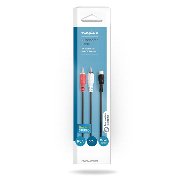 Nedis CAGB24020BK02 sztereo audio kábel, 1x RCA aljzat - 2x RCA dugó, 0,20m