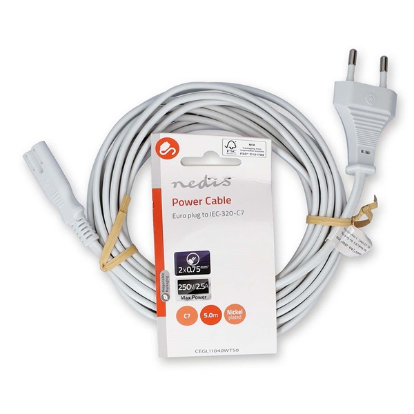 Nedis CEGL11040WT50 tápkábel IEC-320-C7, 2 x 0.75 mm, hossz 5m, fehér