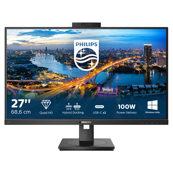 PHILIPS IPS monitor 27" 276B1JH, 2560x1440, 16:9, 350cd/m2, 4ms, USB-C(+dokkoló)/4xUSB/LAN/DP/HDMI, hangszóró/webkamera