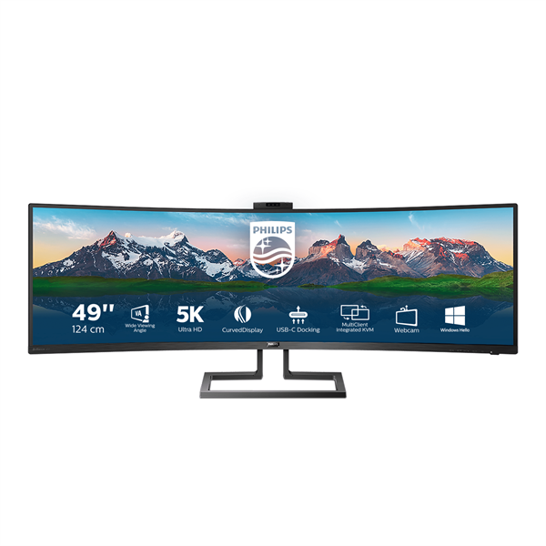 PHILIPS Ívelt monitor 48.8" 499P9H, 5120x1440, 32:9, 450cd/m2, 5ms, USB-C(+dokkoló)/3xUS/LAN/DP/2xHDMI, hangszóró/webkam