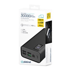 PLATINET power bank, 30000mAh, Polymer PD 3.0 QC 3.0, LED kijelző, fekete
