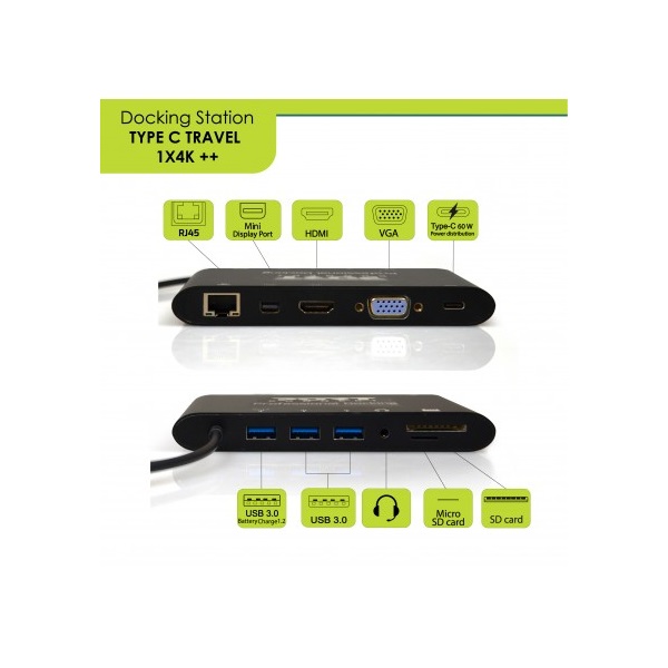 Port Connect - Dokkoló állomás,TYPE C TRAVEL 1 X 4K  ++1VGA, 1HDMI, 1 miniDP, 3xUSB-A, 1x USB-C, RJ45, SD/MMC&Micro SD