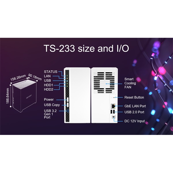 QNAP NAS 2 fiókos 4x2GHz, 2GB RAM, 1x1000Mbps, 2xUSB3.2, 2xUSB2.0, 1xUSB3.2 - TS-233 height=